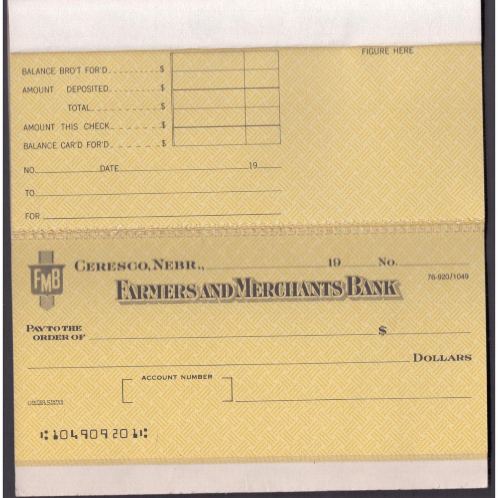 Vintage Unused Check Ceresco Nebraska Farmers and Merchants Bank Stub